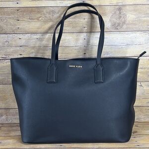 Anne Klein Black Saffiano‎ Faux Leather Tote Bag Gold Tone Hardware Top Zip